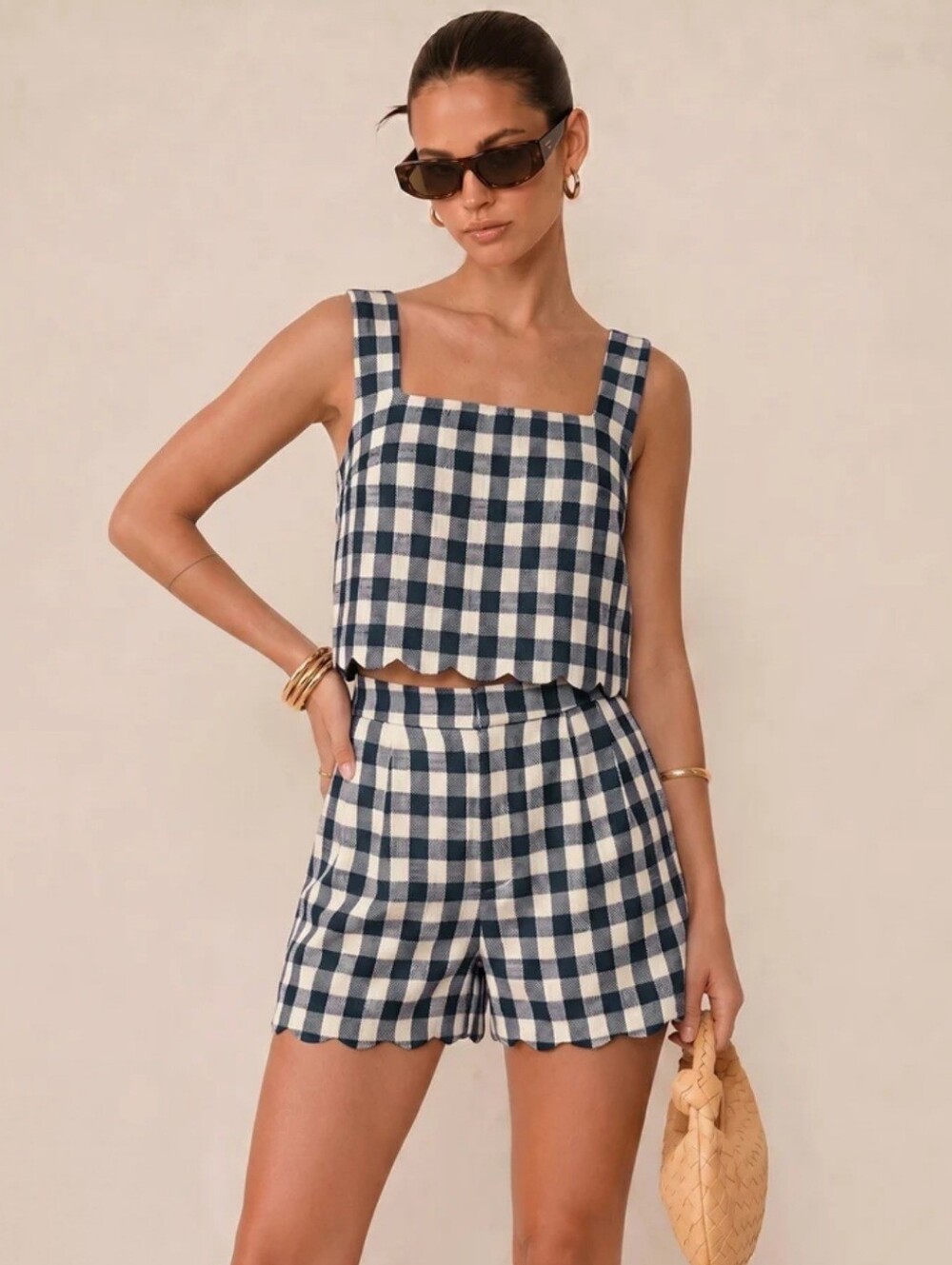 Commense Navy & White Gingham Scallop-Hem Crop Top and Shorts Set